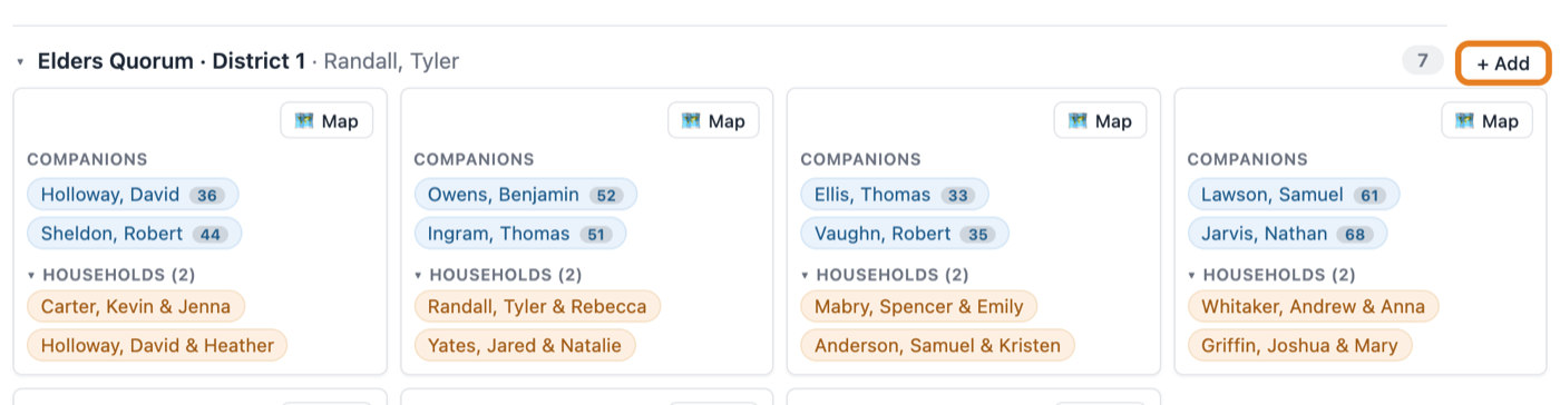 The Elders Quorum District 1 heading with a ringed + Add button at its right end, above the district's companionship cards