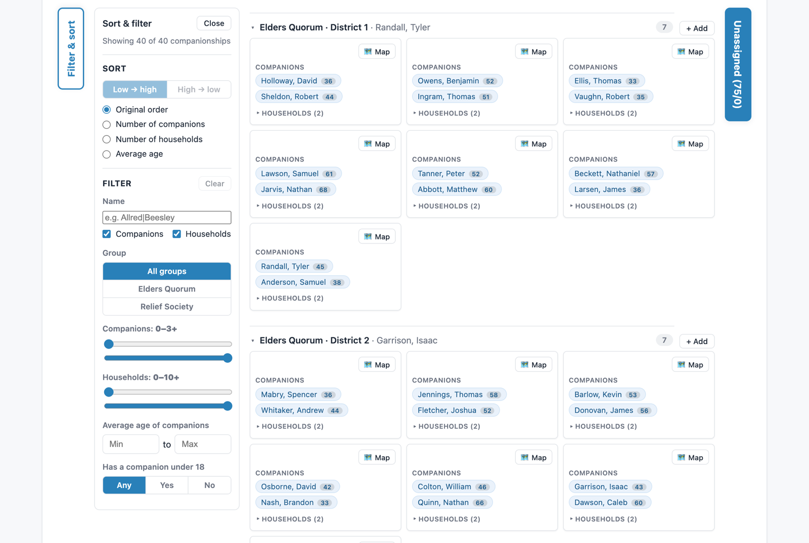 The edit board: Filter and sort panel on the left, companionship cards grouped by district, and the Unassigned tab on the right