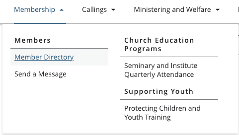 The Membership menu in Leader and Clerk Resources with Member Directory highlighted