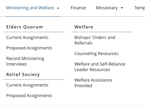 The Ministering and Welfare menu listing Current Assignments under Elders Quorum and under Relief Society