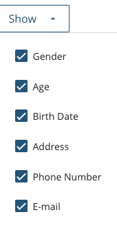 The Show menu with Gender, Age, Birth Date, Address, Phone Number and E-mail all checked