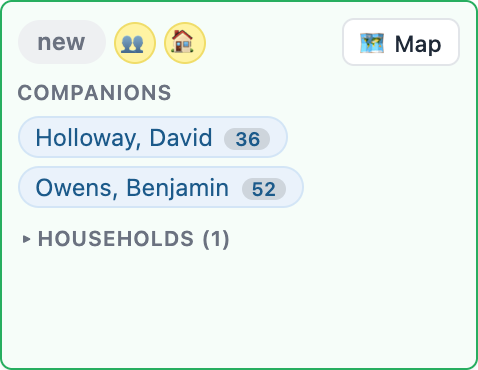A green card marked new with two companions and one household moved into it