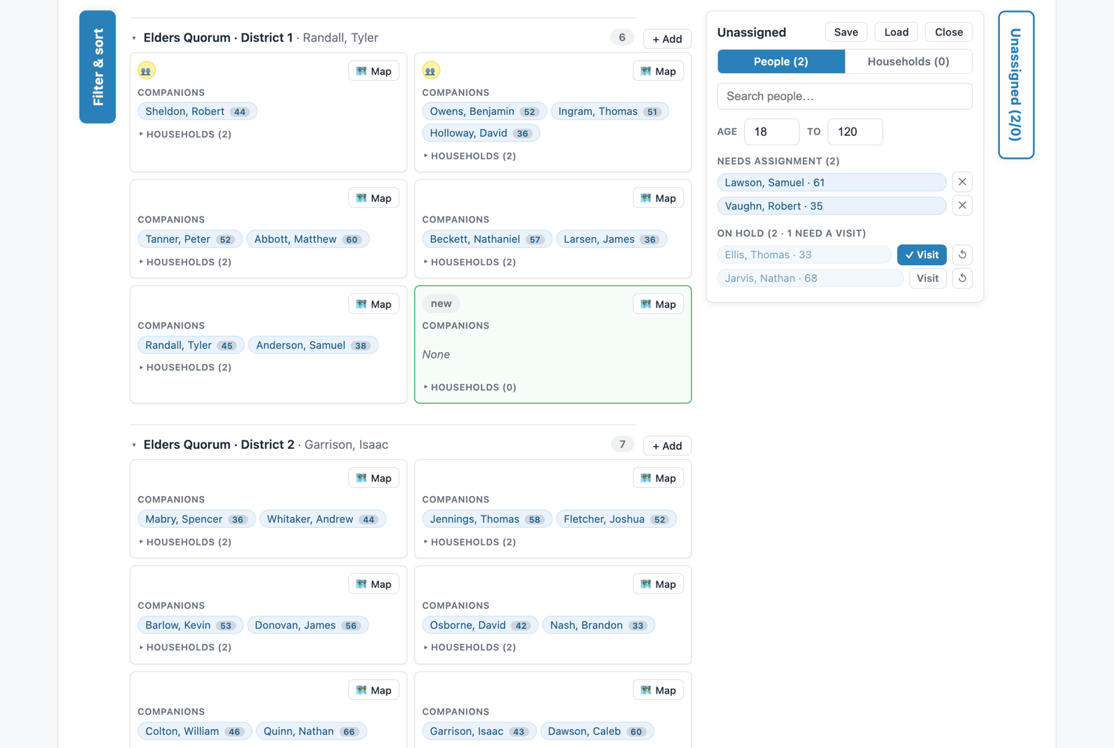 The Unassigned panel listing two people needing assignment, and an On Hold section where one person is marked Visit